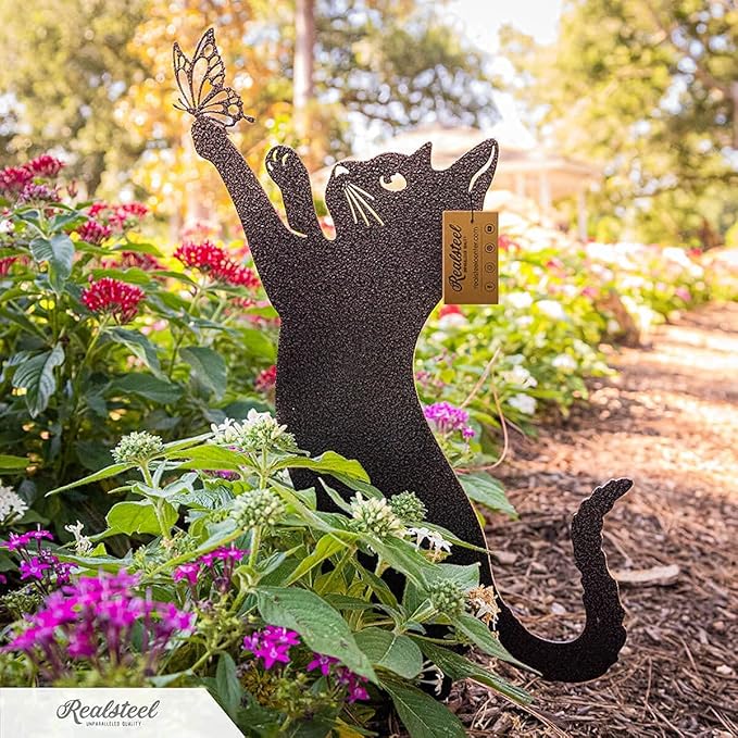 RealSteel I 3 Pack Steel Cat Garden Decor I Outdoor Yard Decorations I Gift for Cat Lovers I Lawn Ornaments and Statues I Garden Signs Decorative Outdoor - Black