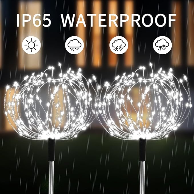 Solar Garden Fairy Lights 4 Pack 120 LED 30 Copper Wire Outdoor Firework Landscape Path String Lights Waterproof 8 Lighting Modes Remote Control for Backyard Christmas Party Decorative (White)
