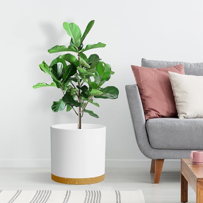 10 Inch Large Flower Pots for Indoor Outdoor Plants, Cylinder Deep Plant Pots with Drainage Holes and Saucer, Big Decorative Plastic Planter Pots for Garden House Plants, White with Brown