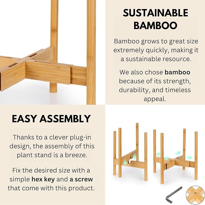 Fox & Fern Large Adjustable Plant Stand Indoor — 11 to 15 Inch Mid Century Bamboo Plant Stand; Plug In Design; Easy to Assemble; Two Height Options - For 11, 12, 13, 14 & 15 Inch Pots (Not Included)