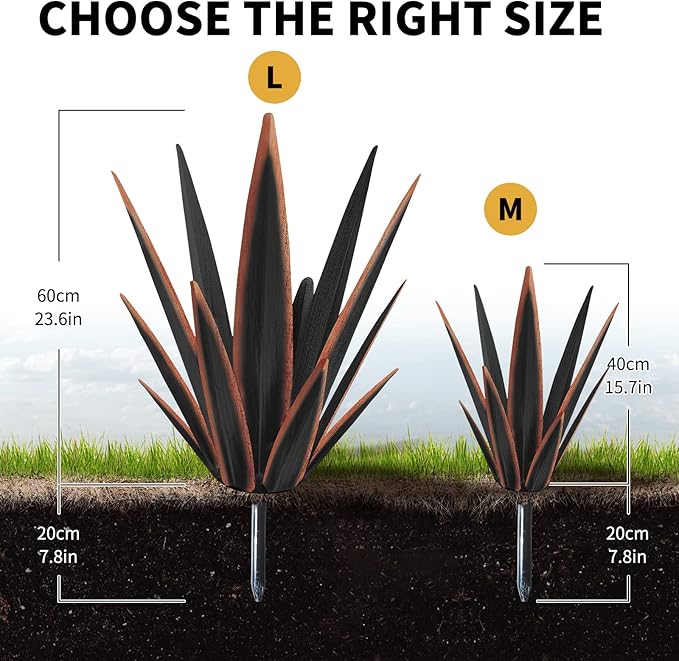 Large Tequila Rustic Sculpture, Rustic Metal Agave Plants for Outdoor Patio Yard, Home Decor Hand Painted Metal Agave Garden Yard Statue, Outdoor Lawn Ornaments Yard Stakes (Black -L)