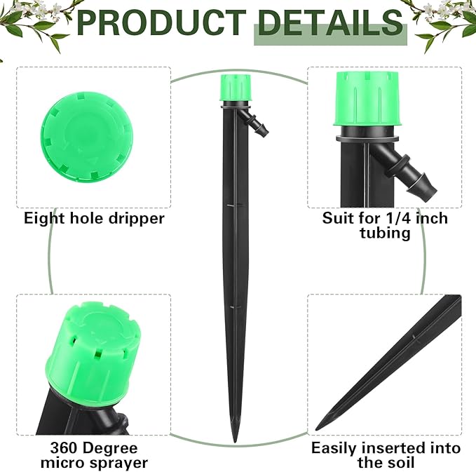 32 Pcs Drip Irrigation Emitters Drip Emitters for 1/4 Inch Tubing Irrigation Drippers Sprayer Adjustable 360 Degree Water Flow Drip for Garden Lawn Flower Bed Irrigation System (Green)