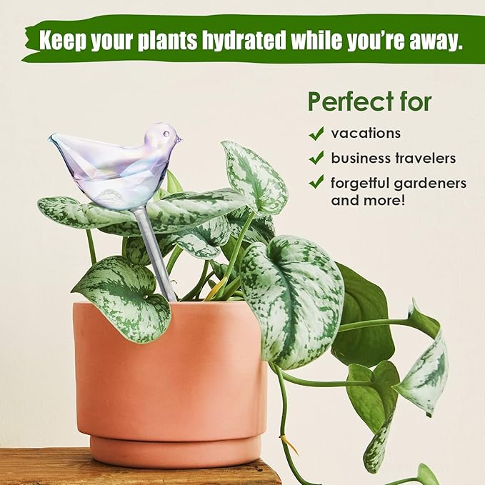 NiHome Glass Plant Self Watering Bulbs 3-Pack Iridescent Pearl Home Potted Planter Watering Bulbs Insert Decorative Devices Vacation Automatic Watering Spikes Indoor and Outdoor (Swan, Snail & Bird)