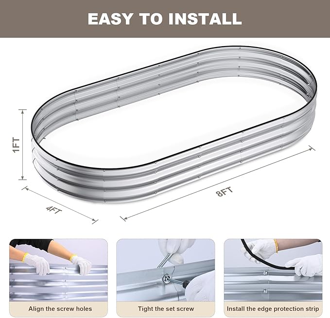 Raised Garden Bed, 8x4x1ft Galvanized Outdoor Planter Beds with Safety Edging and Gloves, Oval Metal Planter Box for Gardening Vegetables Flowers Herb