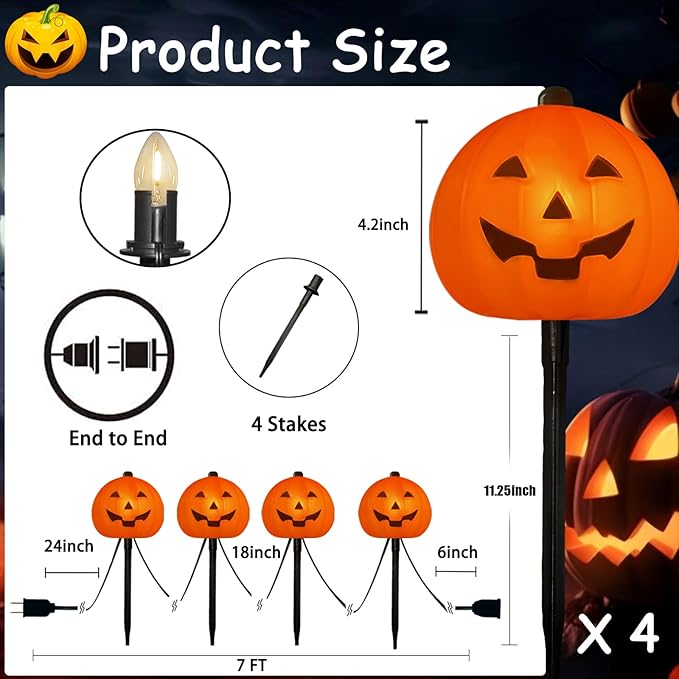 4 Pack Halloween Pumpkin Pathway Lights - 7Ft Outdoor Decorative String Lights with 4 Jack-O-Lantern Stake Lights for Halloween Yard, Garden, Walkway, Party and Lawn Decorations, Waterproof