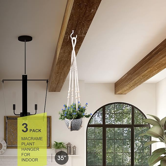 RIFNY Macrame Plant Hanger for 5 to 10 Inch Plant Pots, 35 Inch Indoor Handmade Woven Rope Hanger Kits with Hooks and Wood Beads, Hanging Planter Basket Holder for Boho Home Decor (White, 3 Pack)