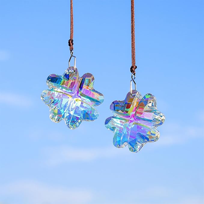 HDCRYSTALGIFTS 2PCS Crystal Prisms Suncatchers for Windows Christmas Ornaments,Lucky Four Leaf Clover Rainbow Maker Hanging Prism Sun Catchers for Home Garden Decoration,45mm