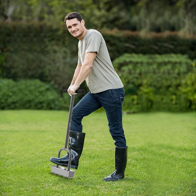 Dolibest Lawn Coring Aerator, Manual Lawn Aerator,4 Stainless Steel Corer Plug Aerator with Soil Core Storage Tray, Pre-Assembled Manual Grass Aerating Tool & Clean Hand Tool, Improving Lawn Health