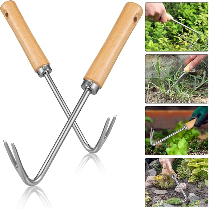 Happyyami Hand Weeding Weeder Tools Garden with Handle Edging Tool Pulling Tool Beech Handle Lawn Yard Gardening Tool Garden Hand Cultivator Hand Tiller Weeder