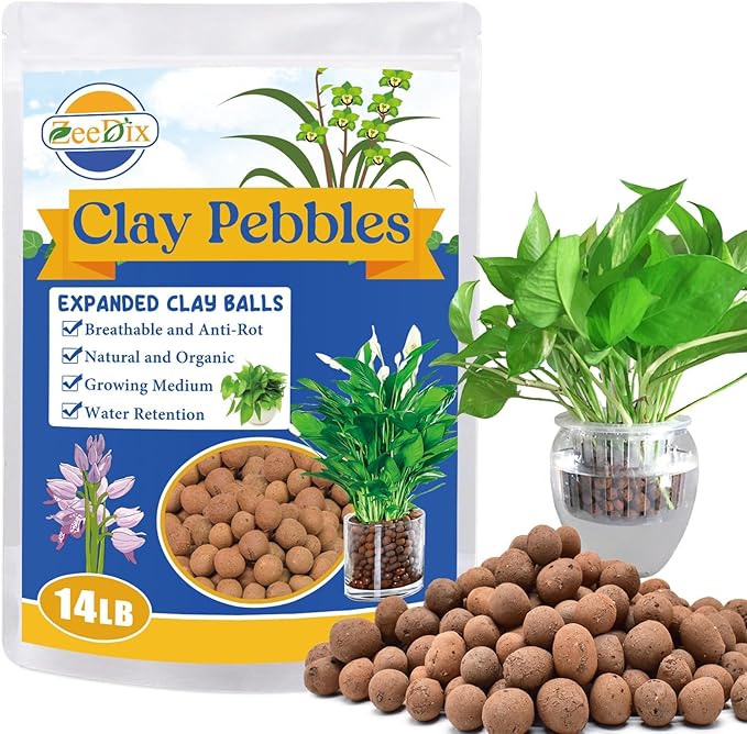 ZeeDix 14LB Leca Clay Pebbles for Plants, 4mm-16mm Natural Leca Balls for Indoor Plants Hydroponic Grow Media, Natural Expanded Clay Pebbles for Potting Mix, Gardening Orchids Terrarium