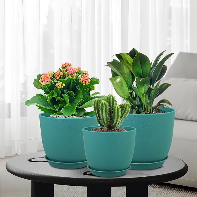Flower Pots 9/8/7.5 inch, Set of 3 Modern Decorative Plastic Planters with Drainage Holes and Tray for House Plants Indoor Plants, Plant Pots for Indoor Outdoor Plants, Blue Green