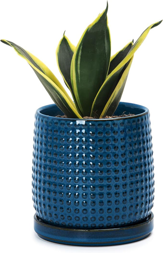D'vine Dev 4 Inch Ceramic Beaded Stoneware Planter Pot - Flower Pot with Drainage Holes and Saucers for Indoor Succulent Plants or Flowers, Blue, 27-C-Z-3
