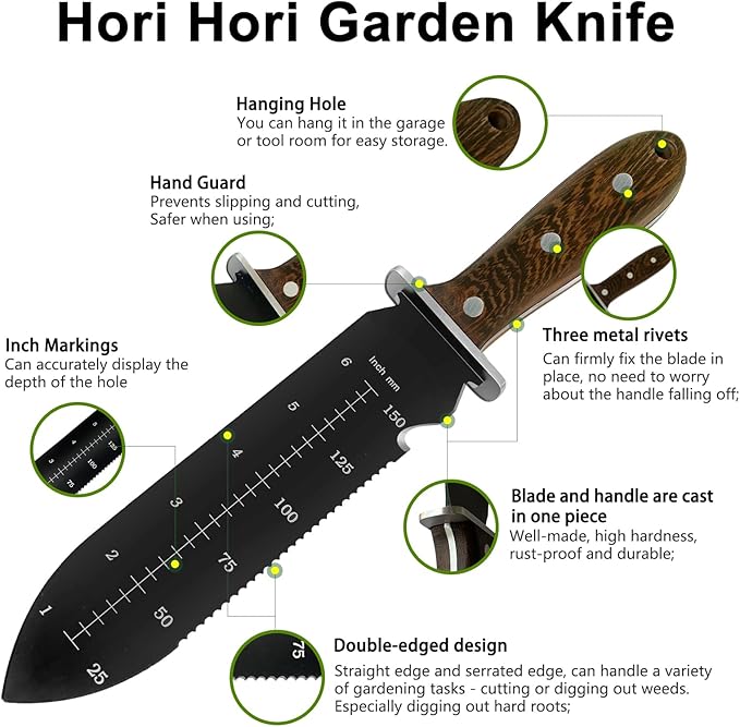 Hori Hori Garden Knife + Oxford Sheath, Gardening Hand Tool Weeding Knife for Weeding Planting Digging, Inch Markings, Serrated Edge Blade, Guard Plate, Metal Rivet Wooden Handle, Hanging Hole