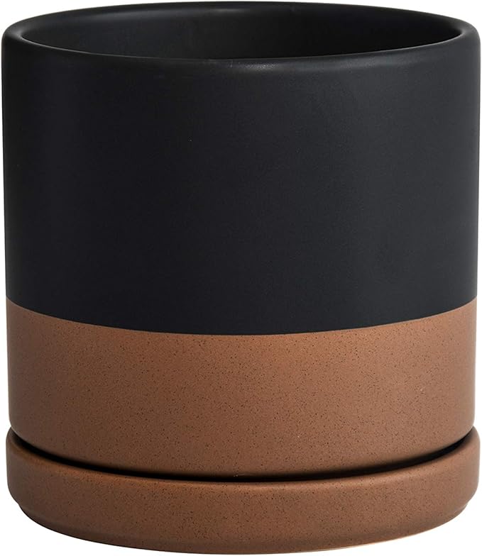 D'vine Dev 6 Inch Ceramic Planter Pot with Drainage Hole and Saucer, Indoor Cylinder Round Planter Pot, Black/Speckled Tan, 94-O-C-7