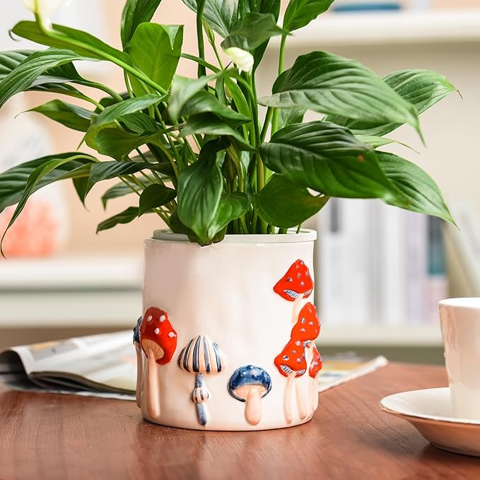 Colorful Mushroom Ceramic Planter for Indoor Plants, Small Plant Pots with Drainage, 5 Inch Pots for Plants, Flower Pots for Outdoor Indoor Plants, Plant Pot for Windowsill Patio Garden