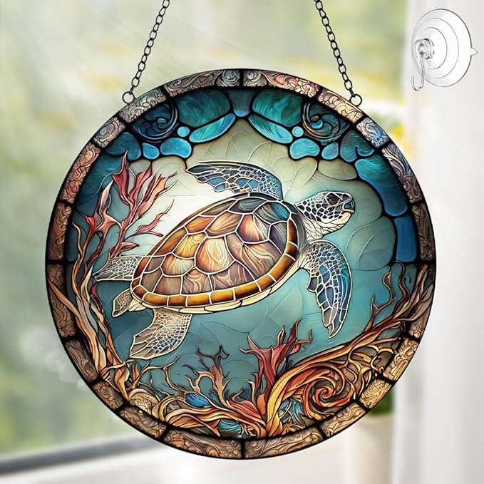 Sea Turtle Decor Suncatcher Stained Glass Window Hanging - Handmade Stained Glass Suncatchers Hangings with Hooks - Sea Art Glass Outdoor Garden Decor Gift for Women Him Valentines Day Birthday Gifts