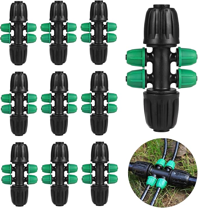 12 Pcs Lock Barbed Tee 1/2 inch Tubing to 1/4 Inch Tubing Irrigation Fittings for (1/2'' ID x 0.60''-0.63'' OD) ANTI-LEAK Locked Barbed Tee Connectors(12Pcs Lock Barbed Tee Six Way)