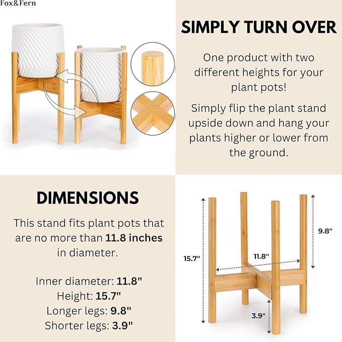Fox & Fern Bamboo Plant Stand — 11.8 Inch Fixed Size Wooden Mid Century Planter Stand for Indoor Plants; Raised Large Flower Pot Holder for Indoor Big Pots; Plug In Design; Two Height Options - Bamboo