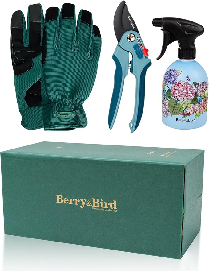 Berry&Bird 3PCS Garden Pruning Tool Set, Garden Hand Tool Kit with Bypass Pruning Shears, Gloves, Water Sprayer, Garden Tool Set for Picking, Cutting, Planting, Ideal Garden Gift Set for Women and Men