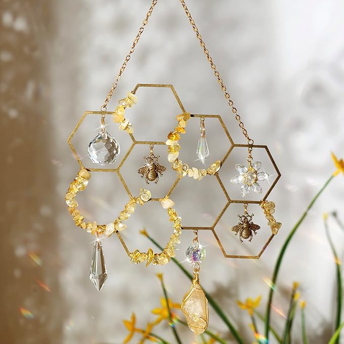 Tuitessine Crystals Suncatcher Window Hanging Bumble Bee Decor Honeycomb Light with Crystal Glass Prisms Hive for Home Indoor Outdoor Catcher Garden Ornament Christmas Birthday Gift Ideas