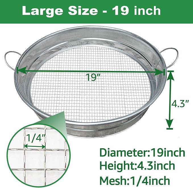 19'' Extra Large Soil Sifter with Handles, Compost Sifter for Gardening, Dirt Sifter,Rock Sifter,Garden Sieve for Compost Dirt Rocks Pellet Gravel Sand Leaves,Garden Tool 19" x19"x4.3" with 1/4" Mesh