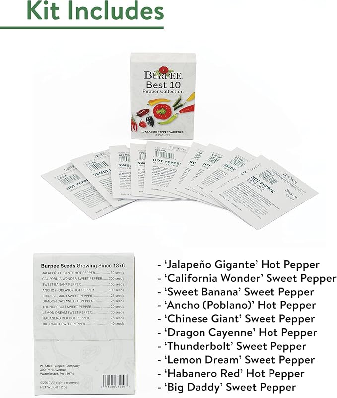 Burpee Best Collection | 10 Packets of Non-GMO Fresh Mix of Hot Pepper & Sweet Varieties | Jalapeno, Bell Pepper Seeds & More, Seeds for Planting