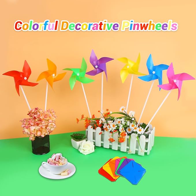 KIMOBER 100PCS Colourful Pinwheels,Mixed Colors Plastic Wind Spinners Toy for Kids,4 Vane Windmill for Home Garden Lawn Indoor Outside Decoration