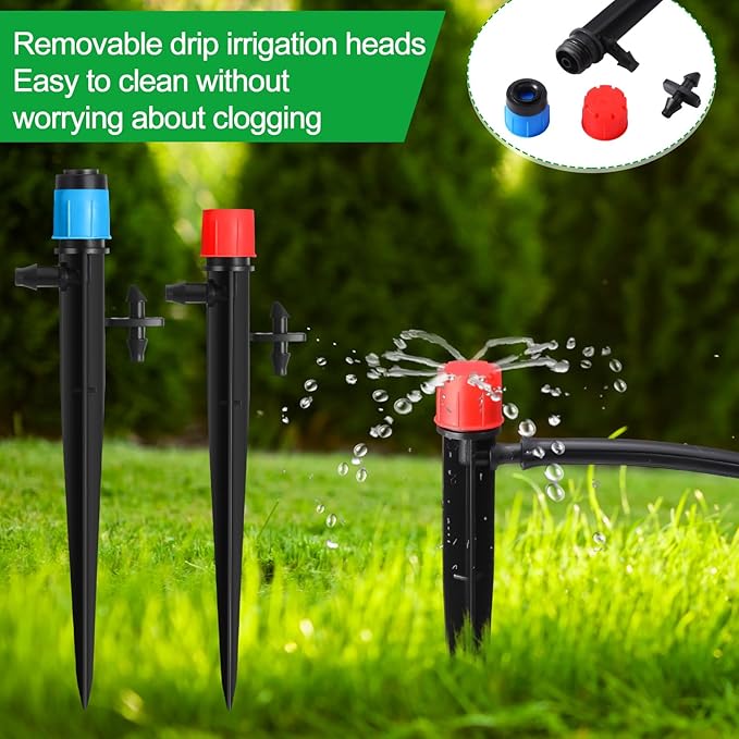 32 Pcs Drip Irrigation Emitters Drip Emitters for 1/4 Inch Tubing Irrigation Drippers Sprayer 360 Degree Water Flow Drip for Garden Flower Bed Irrigation System (Red and Blue,Double Hook)