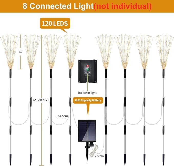 Maleyt Solar Garden Lights 8 Pack, Solar Powered Outdoor Decorative Lamps, 120 LED Solar Firework Lights with Remote Control, 8 Modes Waterproof DIY Landscape Lighting for Backyard Garden Decoration