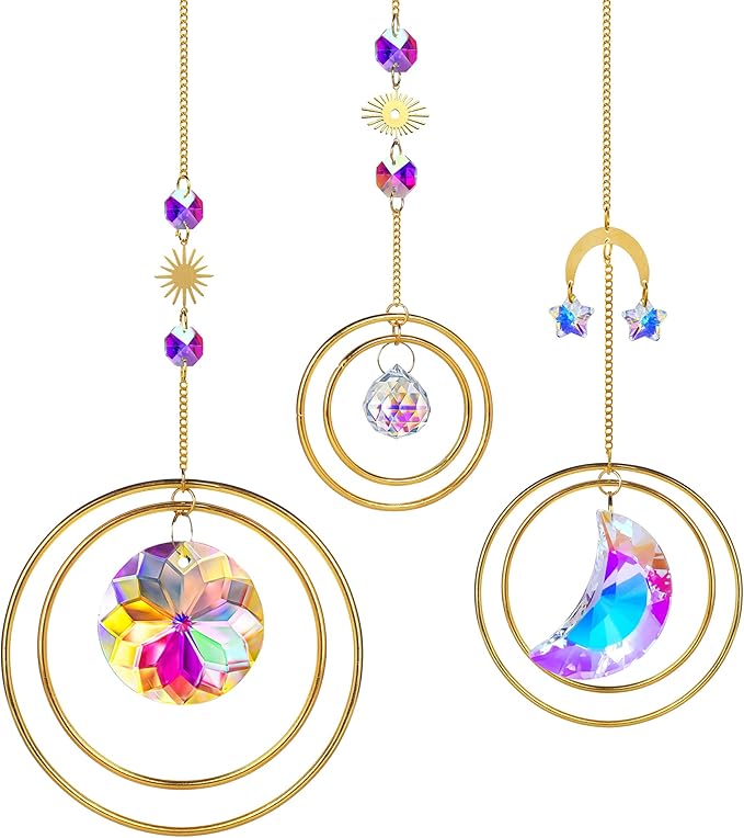 Set 3 Crystal Hanging Decorations - Sun & Moon Rainbow Crystal Suncatcher Window Car Hanging Prisms Ornament Pendant,Boho Love Wall Decoration,Home Garden Decor Gift