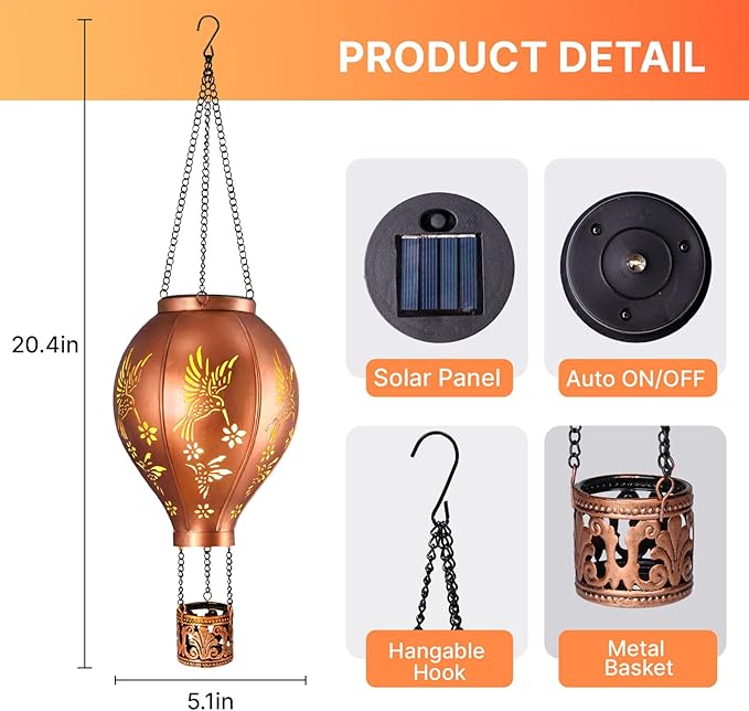 Hot Air Balloon Solar Garden Lights Outdoor Hummingbird Hollowed Metal Hanging LED Solar Lantern Waterproof Light for Garden Patio Yard Porch Christmas Decor Gifts for Women Mom Friends