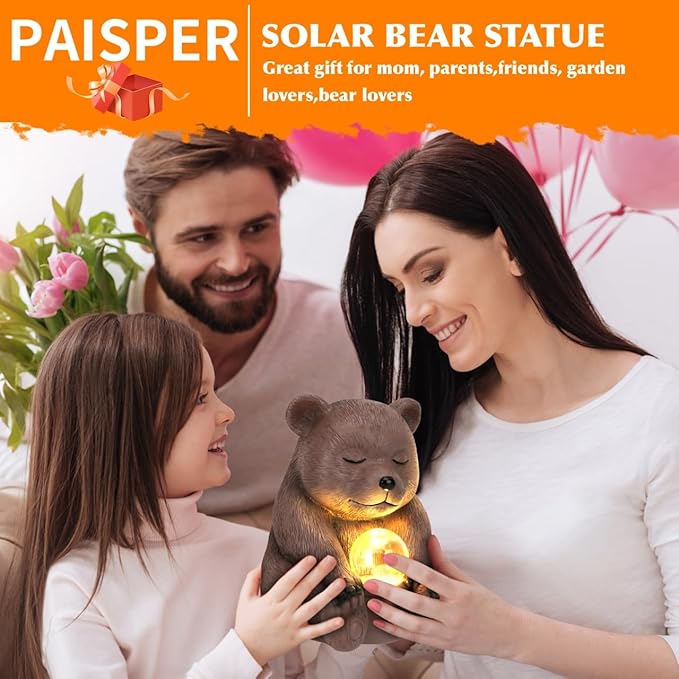 Solar Bear Statue for Outdoor, Garden Decor with Strong Lighting for Yard Art Lawn Ornaments Porch Patio Balcony Home House - Holiday Gifts for Family and Friends