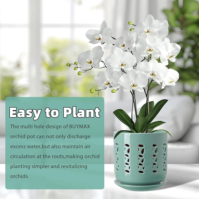 Ceramic Orchid Pots with Holes, 5 Inch+6 Inch Orchid Planter with Drainage Holes and Tray, Indoor Flower Pot for Repotting Orchids, Elegant Indigo Glaze