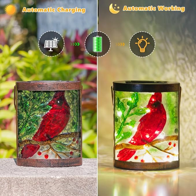 2 Pack Cardinal Solar Lanterns Outdoor Waterproof LED Light Hanging Solar Lantern Glass Tabletop Lamp for Patio Garden