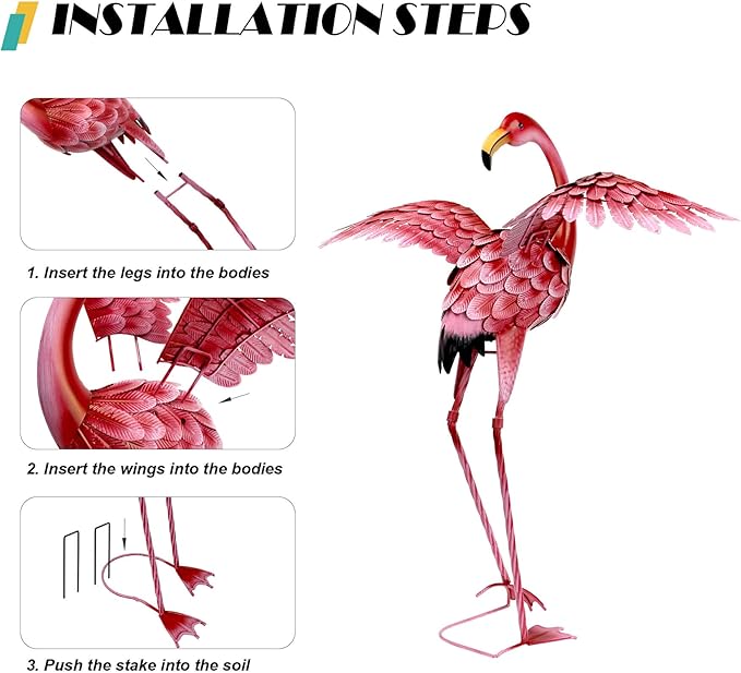 Natelf Pink Flamingo Yard Decorations, Tall Birds Garden Statues and Sculptures, Metal Lawn Art Ornaments for Outdoor Patio Backyard, Set of 2