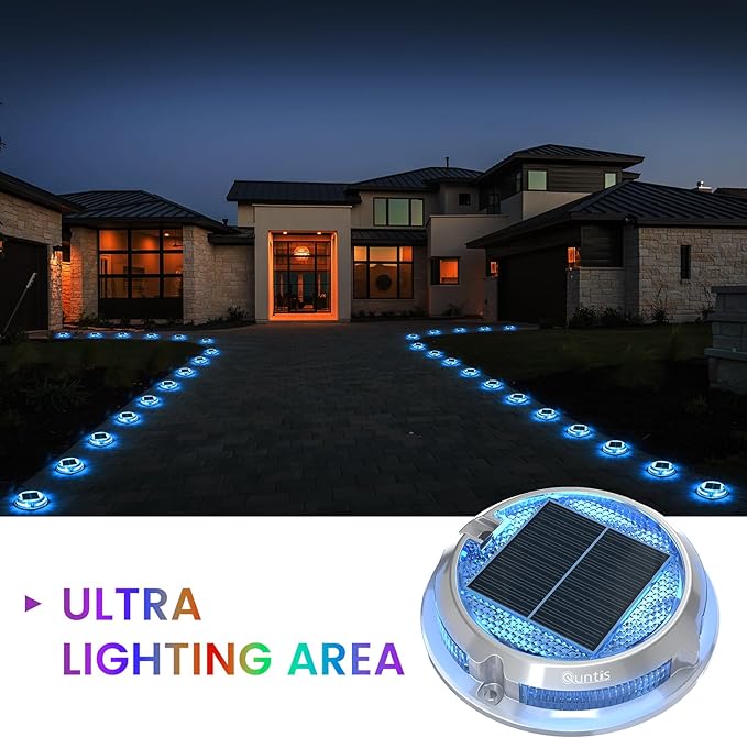 Quntis RGB Solar Deck Lights 2 Pack, 11 Lighting Modes Solar Driveway Lights Outdoor Waterproof IP68, Step Light for Outside, Deck Light Solar Powered for Stair Pathway Walkway