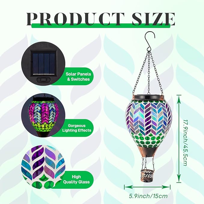 Mosaic Hot Air Balloon Solar Lanterns Outdoor Waterproof, Colorful Glass Solar Hanging Lantern Lights for Garden Patio Yard Gifts for Women Mom Grandma