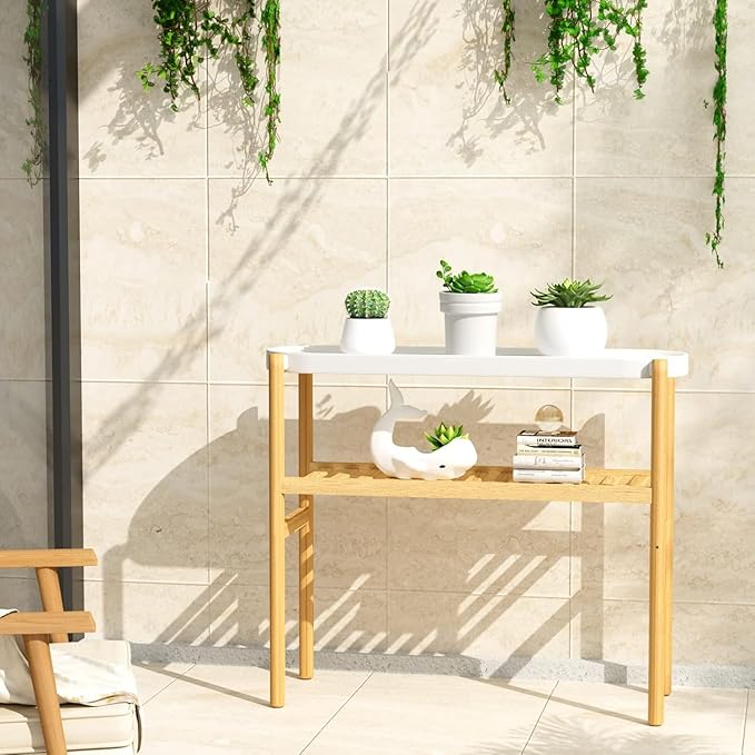 Bamboo Plant Stands Indoor, 2 Tier Steel Tray Tall Corner Plant Stand Holder & Plant Display Rack for Outdoor Garden Indoor Home (1 - 2 Tier)