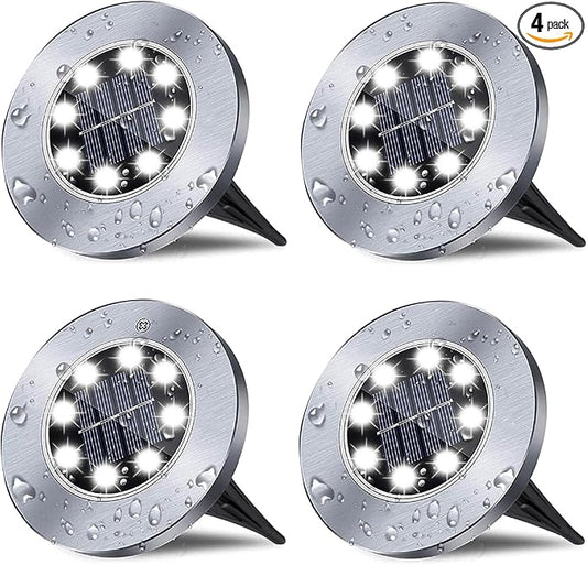 Solar Ground Lights, 4 Pack 8 LED White Solar Pathway Lights, Waterproof, Modern, Outdoor, In-Ground, Garden, Path, Deck, Lawn, Patio, Walkway