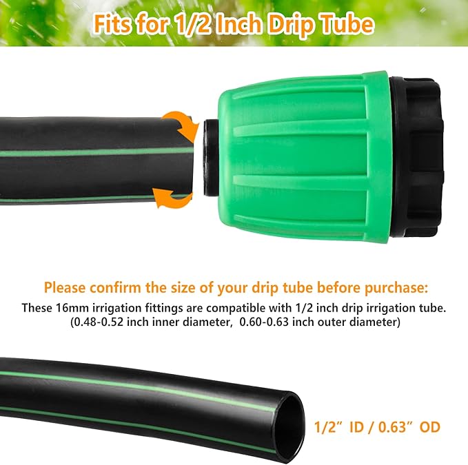 Drip Irrigation Fittings for 1/2 inch Tubing (0.60"-0.63" OD), 16 Pieces Barbed Locked End Plug Connectors, End Caps Drip Line Nuts Connectors for Drip Irrigation Hose (13mm ID)