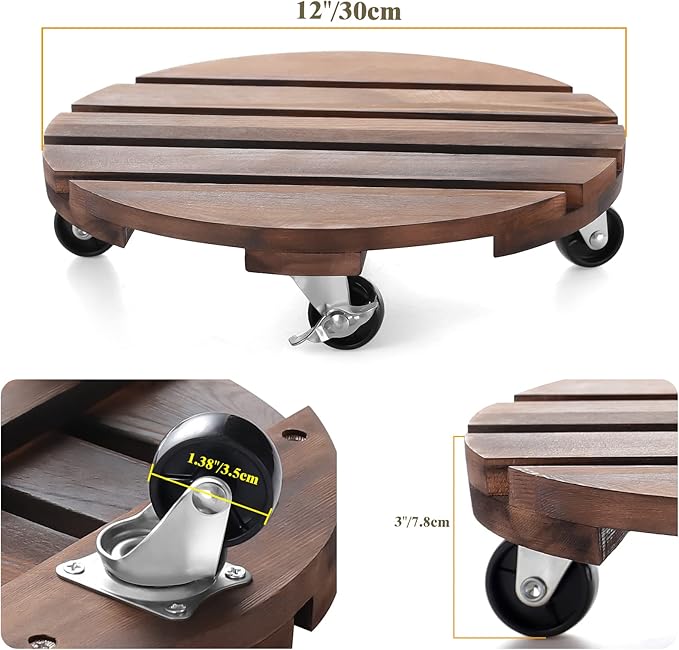 2pack 12" Plant Caddy Plant Stand with Wheels Rolling Plant Stand Heavy Duty Wooden Round Plant Dolly Rollers with Metal Lockable Casters Indoor Outdoor Pot Plant Roller Base Caddies,Patio,Flower Pot