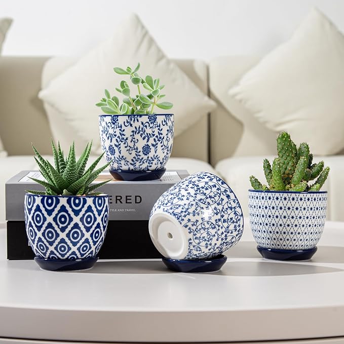 Ceramic Succulent Planter Pots - 3.5 Inch Small Flower Pot with Drainage Holes and Saucers for Indoor Plant, Cactus, Herbs, Outdoor Plants, Home Decor, Set of 4, Vintage Blue