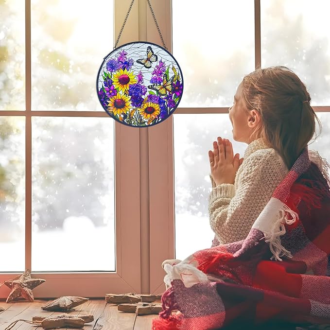 Butterfly Sunflower Stained Glass Suncatchers - Handcrafted Round Glass Art for Windows & Doors Décor - Decoration for Home Garden Christmas Party Wedding Housewarming Gifts