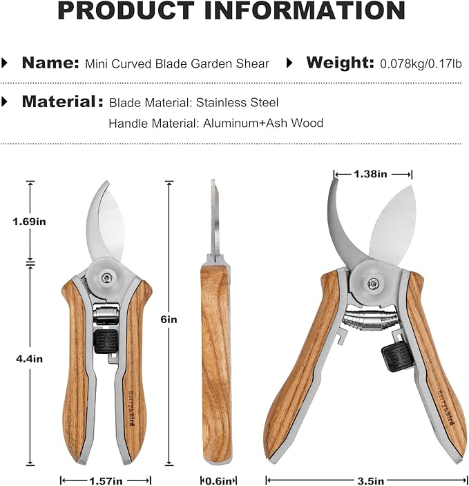 Berry&Bird Mini Pruning Shears for Gardening Curved Blades Hand Pruners with Wooden Handle Garden Scissors Snips Stainless Steel Trimming Small Clippers Bonsai Compact Size Sheaering Tool