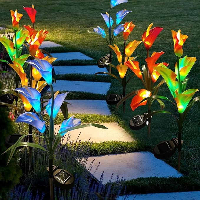 Veesee 2 Packs Upgrade Solar Calla Lily Lights Outdoor Garden Stake Light, Color Changing Solar Powered LED Lily Lights for Christmas Gift Wedding Party Outdoor(Blue)