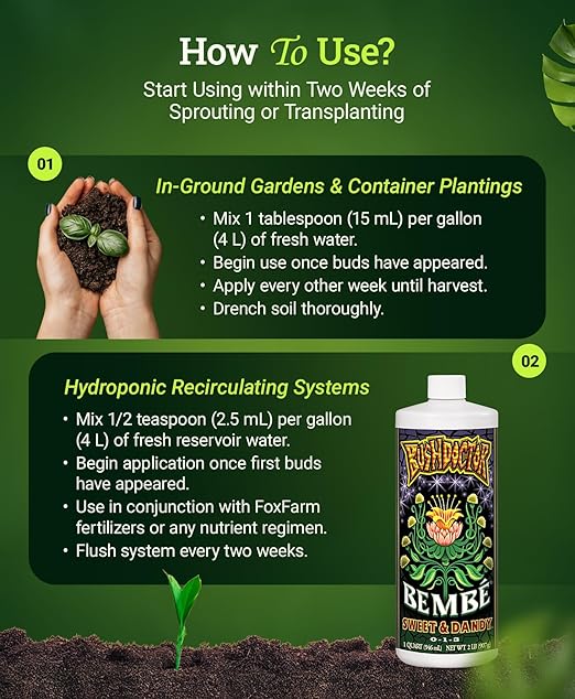Foxfarm Bushdoctor Bembé Concentrate, Fast-Acting Liquid Plant Fertilizer, Enhances Natural Sugars for Sweetness and Flavor - Easy Absorption for Soil, Containers, and Hydroponics- NPK 0-1-3 (Quart)