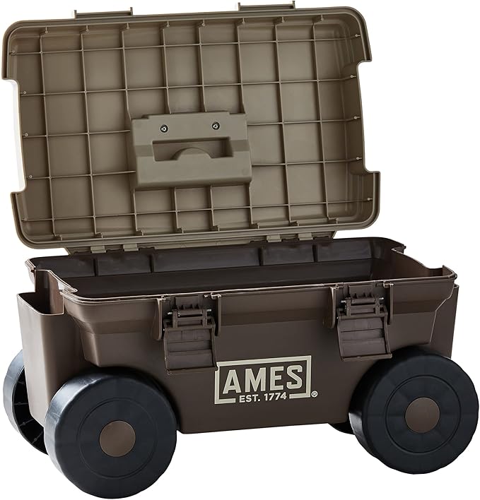AMES 20213200 Rolling Lawn & Garden Storage Cart for Storing Tools & Cleaning Supplies, Lid Doubles as Seat, 225 lb. Weight Capacity