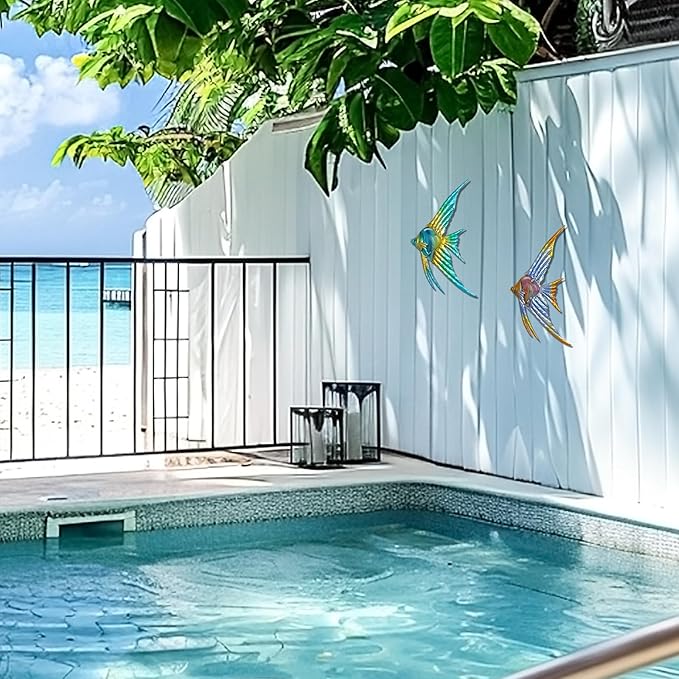 LIFFY Metal Fish Wall art Decor Beach Wall Decor Angelfish Art Sculpture Hanging for Outdoor Ocean Beach Sea Pool Decorations(Pair of Angelfish)