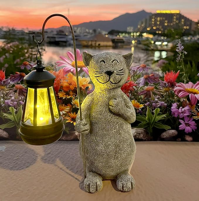 lightsfever Animal Garden Statue with Solar Lantern, Cute for Patio,Balcony,Yard, Lawn, Gift for Grandma, Garden Gifts Women, Outdoor Decor, Gardening Gifts (Gray Cat)