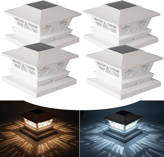 TW SHINE 4 Pack Solar Outdoor Fence Post Lights, 2 Modes Post Cap Lights Waterproof Warm White/Cool White for Yard, Garden, Porch, Patio Decor, for 4x4 5x5 6x6 Wood Posts, White